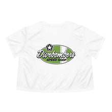 Load image into Gallery viewer, Green Divebomber surf logo Women's Flowy Cropped Tee