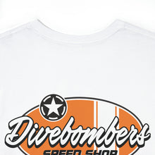 Load image into Gallery viewer, Orange speed shop surf large logo on back Heavy Cotton Tee