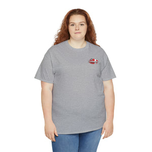 Red speed shop surf large logo on back  Heavy Cotton Tee