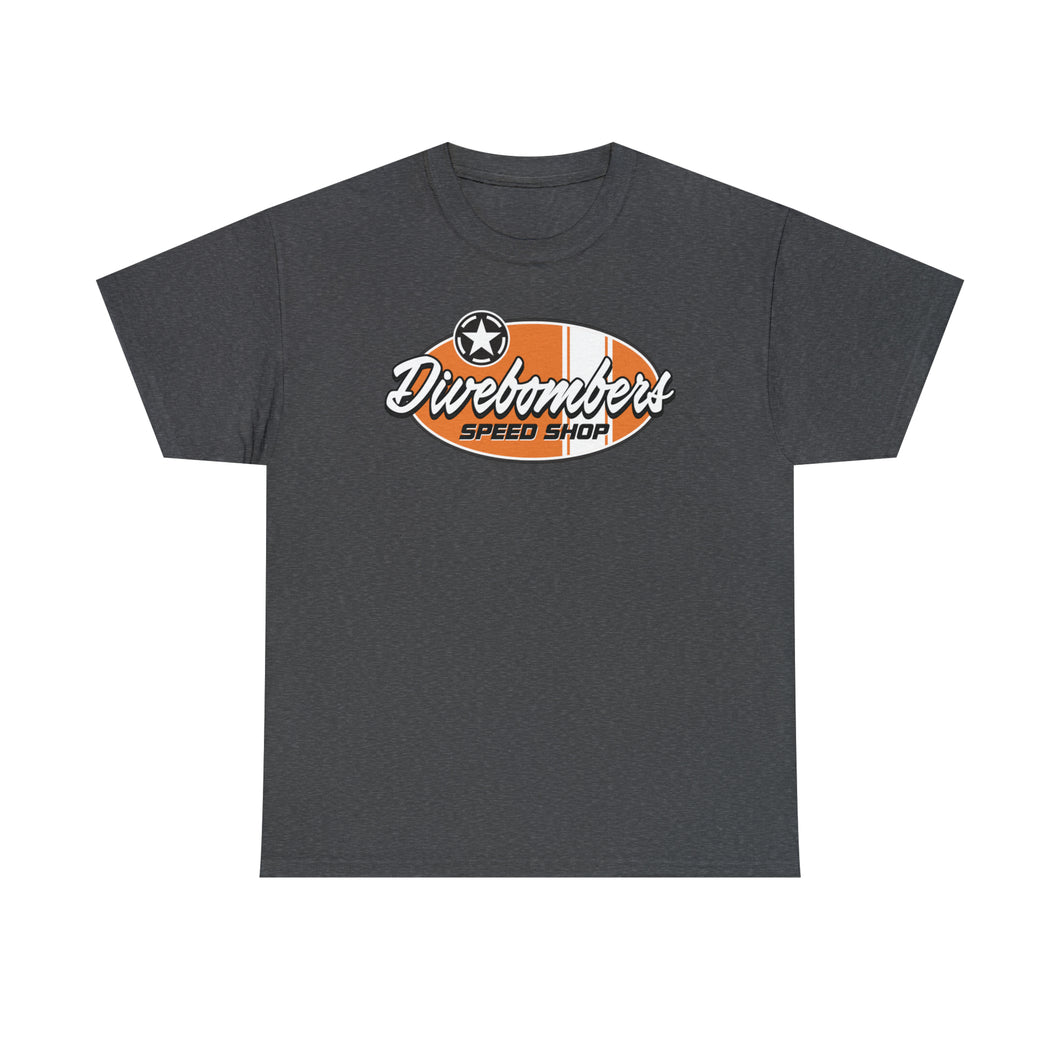 Orange Speed Shop surf logo on front  Heavy Cotton Tee