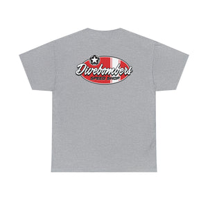 Red speed shop surf large logo on back  Heavy Cotton Tee