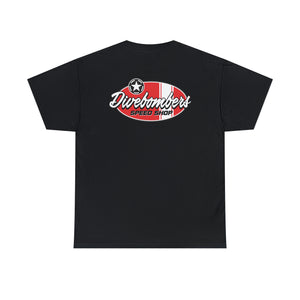 Red speed shop surf large logo on back  Heavy Cotton Tee