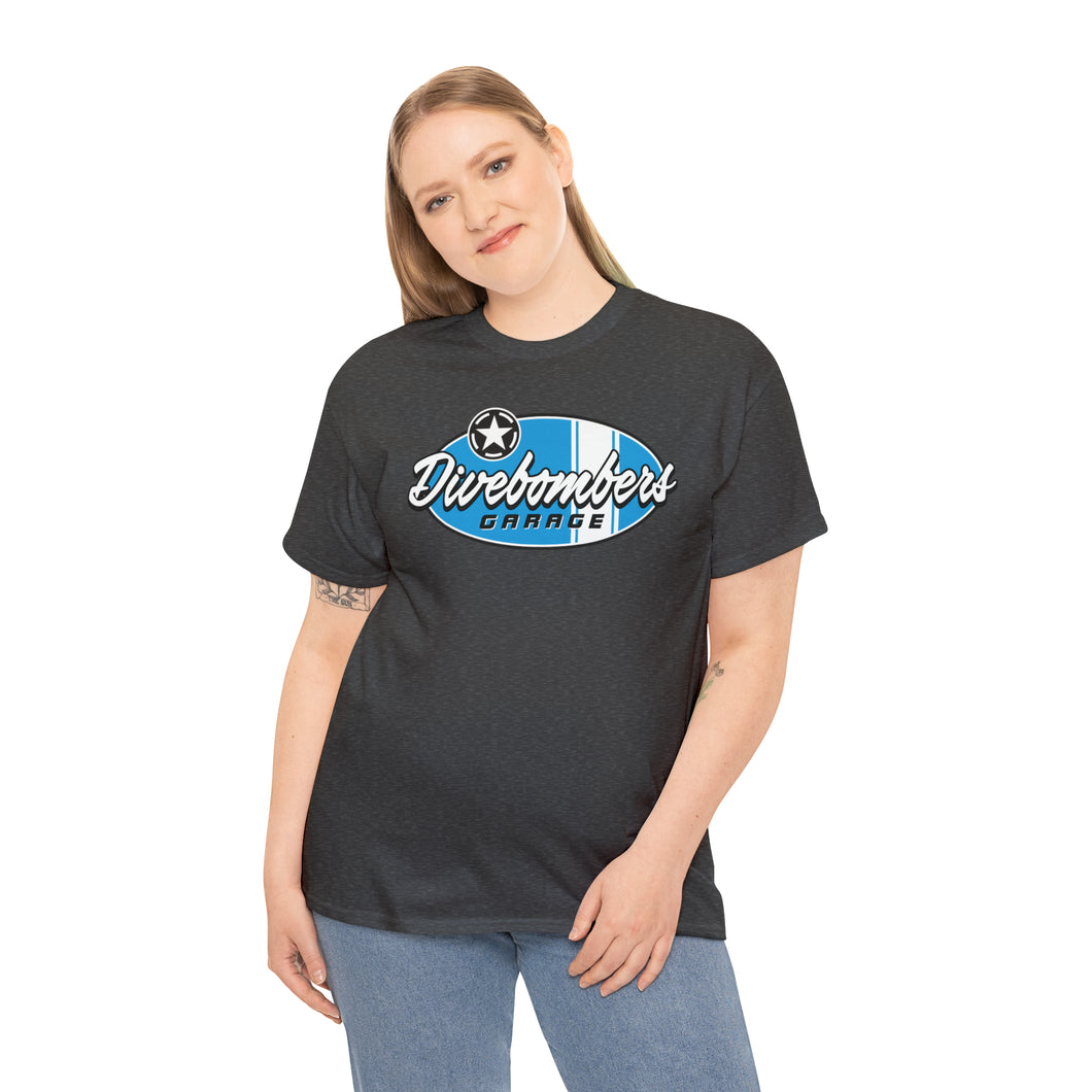 Blue Garage shop surf logo on front  Heavy Cotton Tee